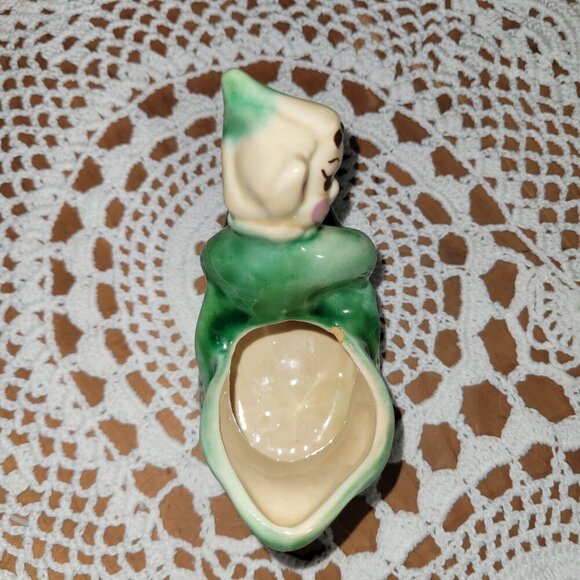 Vintage Porcelain Trinket Planter - Elf Pixie Gnome on a Green Shoe - Plant-pot - Picture 6 of 11